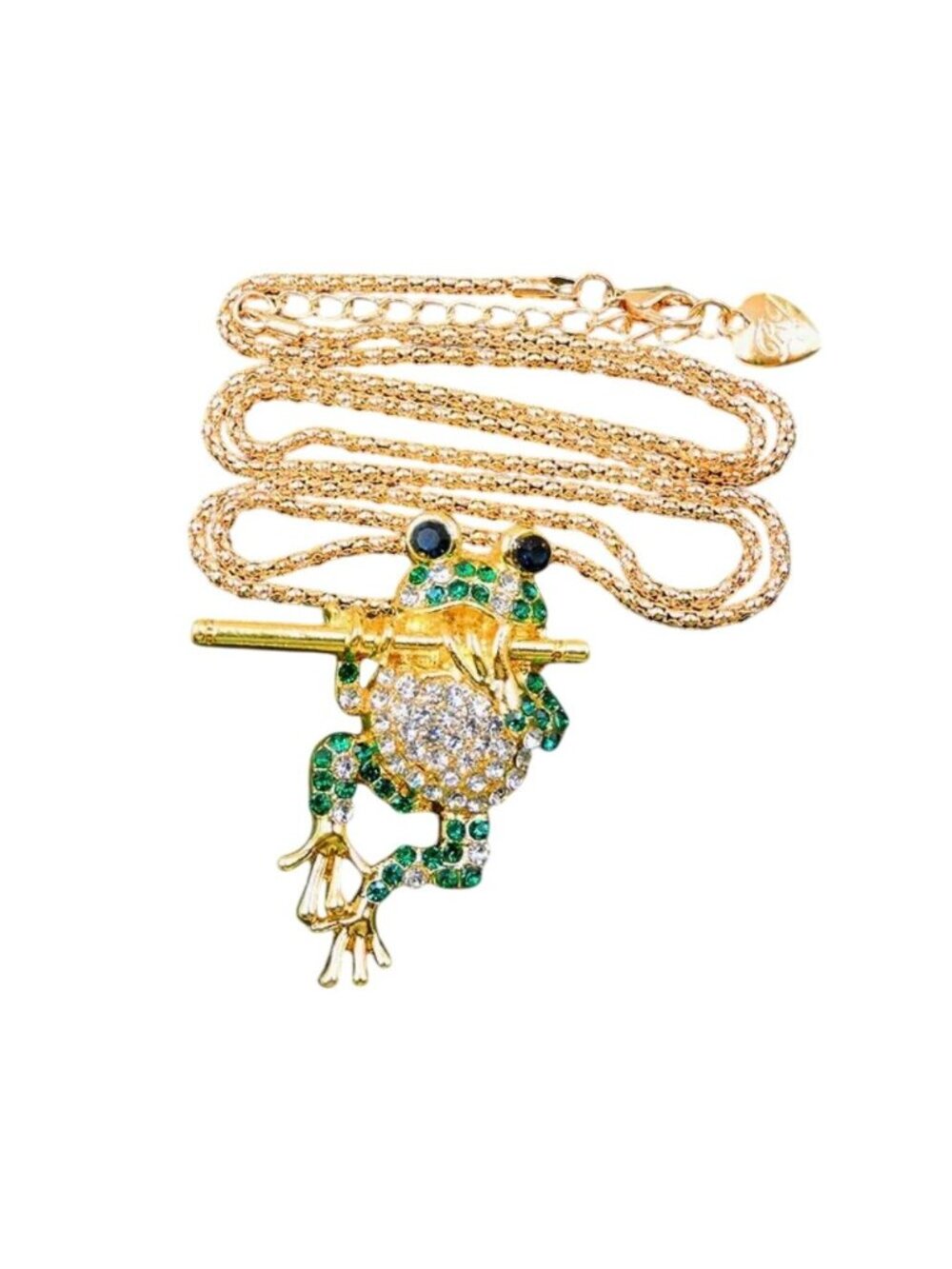 Necklace Crystal Frog with Flute Brooch Pendant Gold Tone